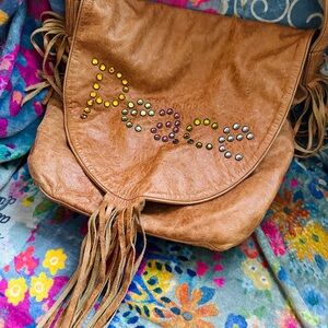 Brown Fringe Peace Bag with Colorful Studs
